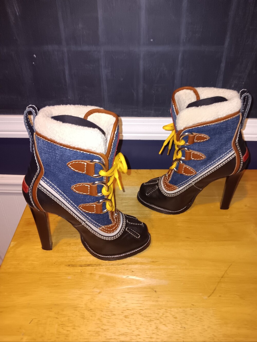 DSQUARED2 Rare Denim Shearling Lace Up Heeled Boots Size 38 - Picture 3 of 6
